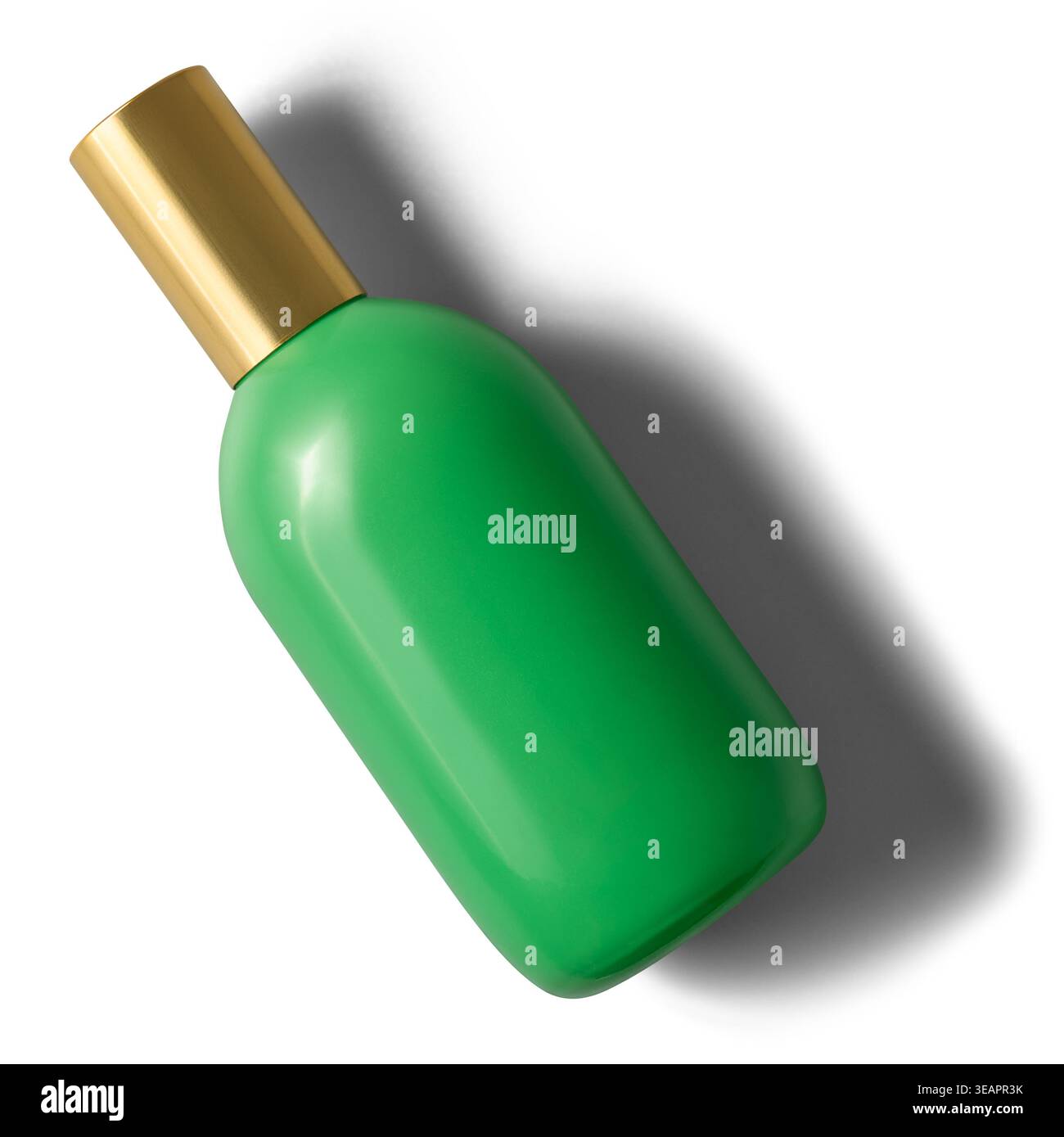 flacone in plastica verde lucida con tappo in oro metallico sfondo bianco isolato, contenitore cosmetico vuoto, modello mockup con vista dall'alto e spazio di copia Foto Stock