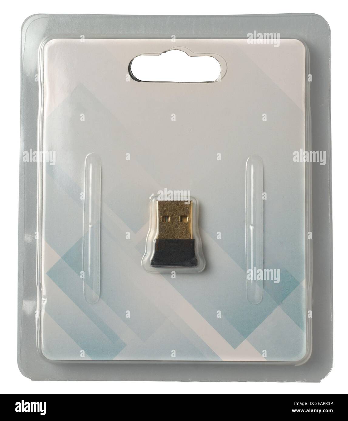 adattatore usb wireless nero in confezione blister in plastica trasparente sfondo bianco isolato, dispositivo elettronico con connettore dorato, mock-up con vista dall'alto Foto Stock