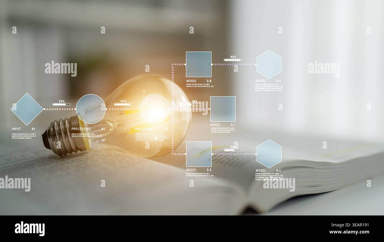 Illustrazione delle lampadine con elementi infografici su Open Book, che rappresentano creatività e idee innovative nel Quark dell'istruzione moderna e della tecnologia. Foto Stock