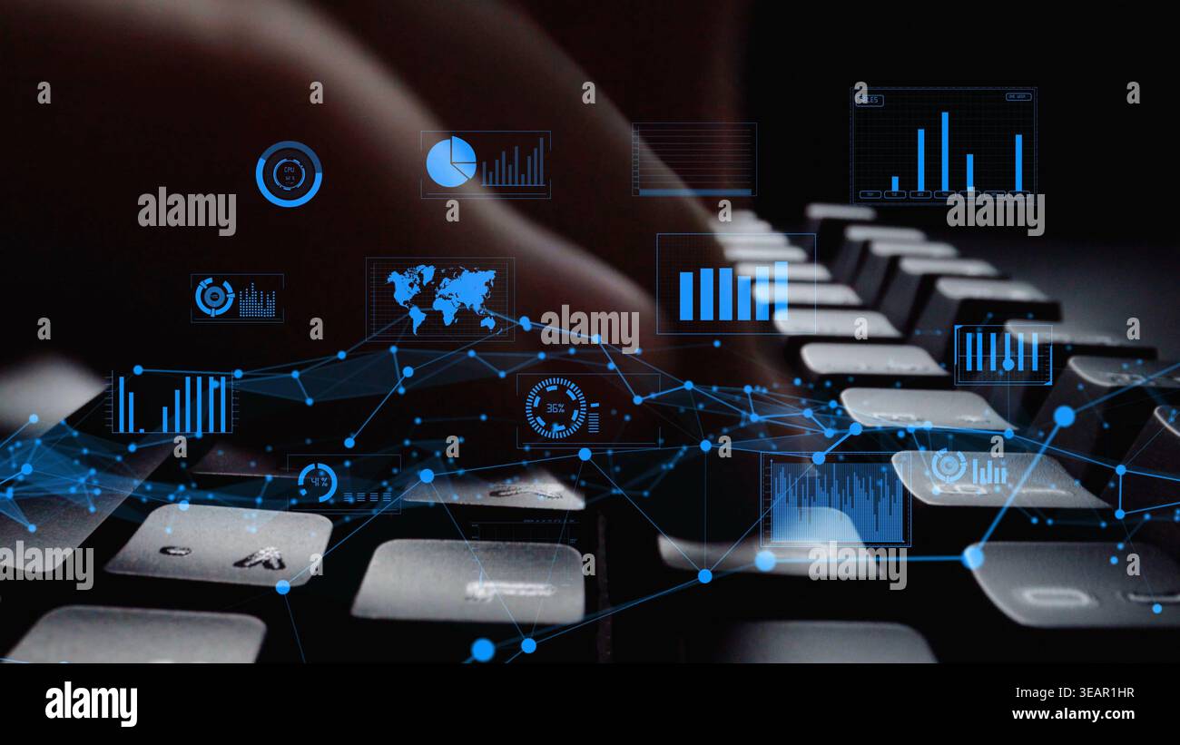 Primo piano di una tastiera intrecciata con grafici digitali e punti dati, simboleggiando l'analisi dei dati e il ruolo tecnologico negli ambienti aziendali moderni Foto Stock