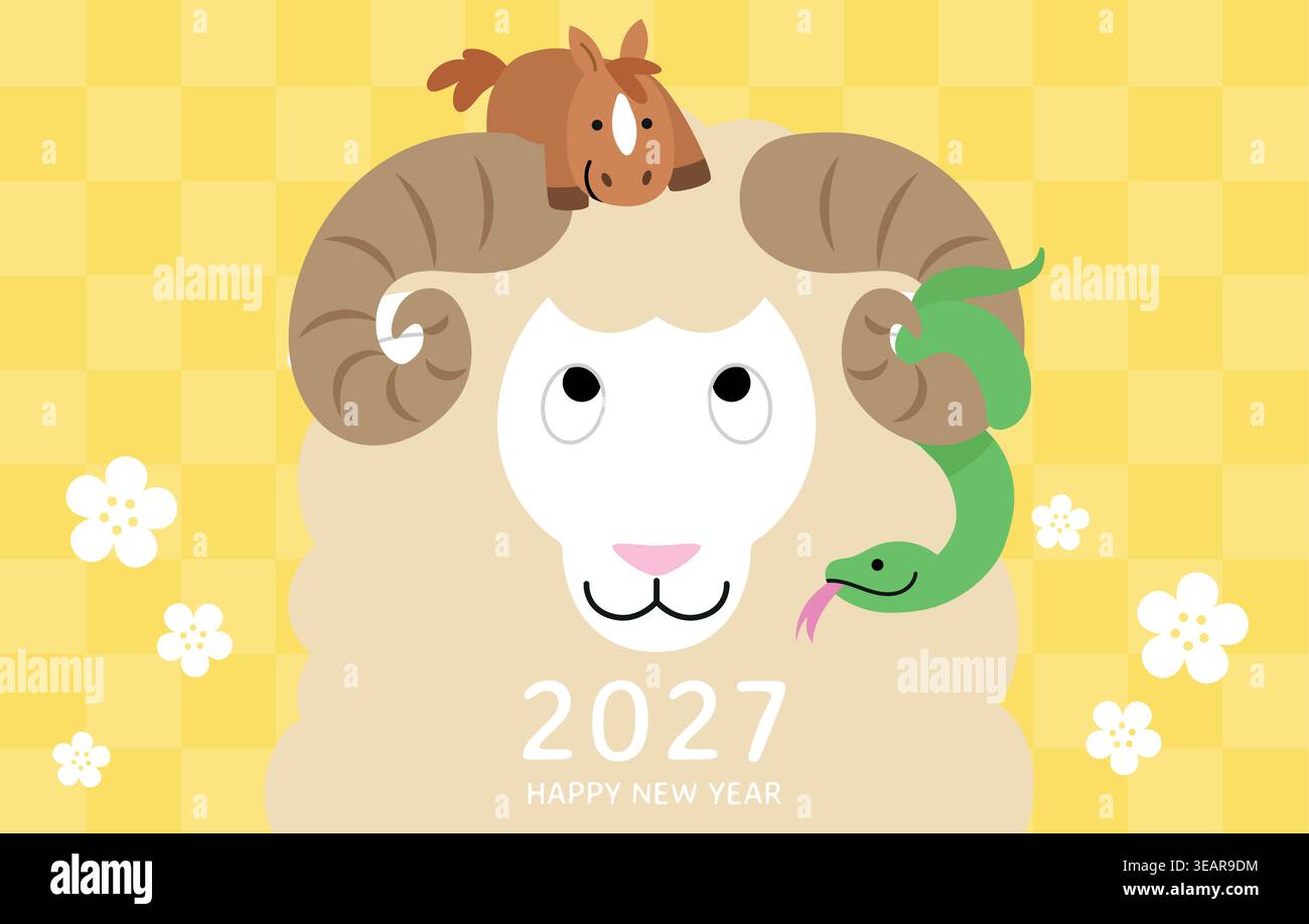Carino montone o testa di pecora con altri animali zodiacali. Modello per banner celebrativo per il nuovo anno delle pecore 2027 in stile cartoni animati. Illustrazione Vettoriale