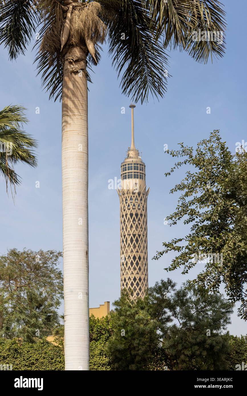 La Torre del Cairo sorge con il suo caratteristico design a reticolo incorniciato da palme e vegetazione al Cairo, in Egitto, che trasmette architettura, viaggi e vegetazione urbana Foto Stock