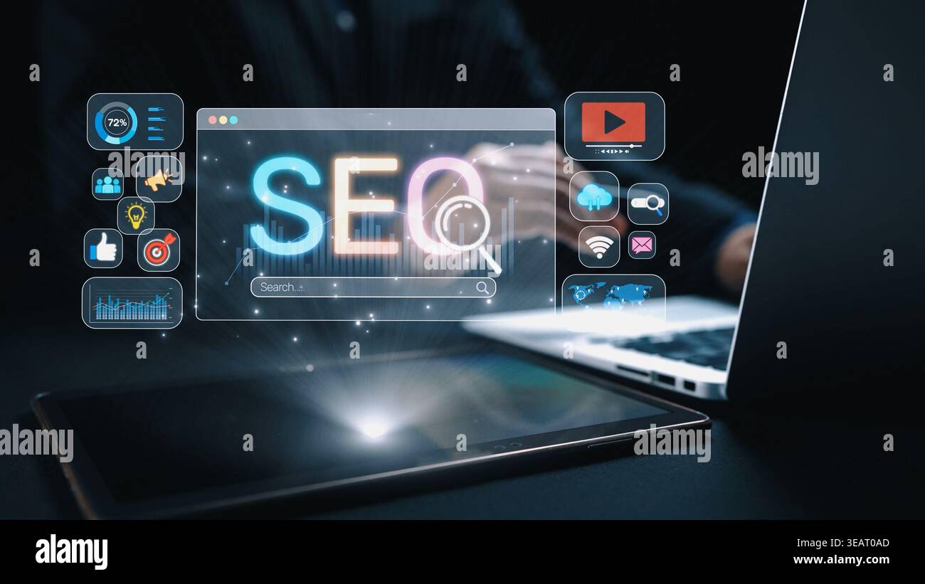 SEO Concept per migliorare la visibilità SEO, con strumenti digitali correlati alla SEO e icone delle prestazioni SEO mostrate in un layout mirato per il marketing strategico Foto Stock