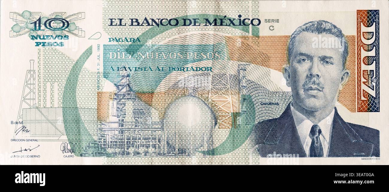 Dritto di 10 Nuevo pesos messicani nota con foto del presidente Lázaro Cárdenas Foto Stock