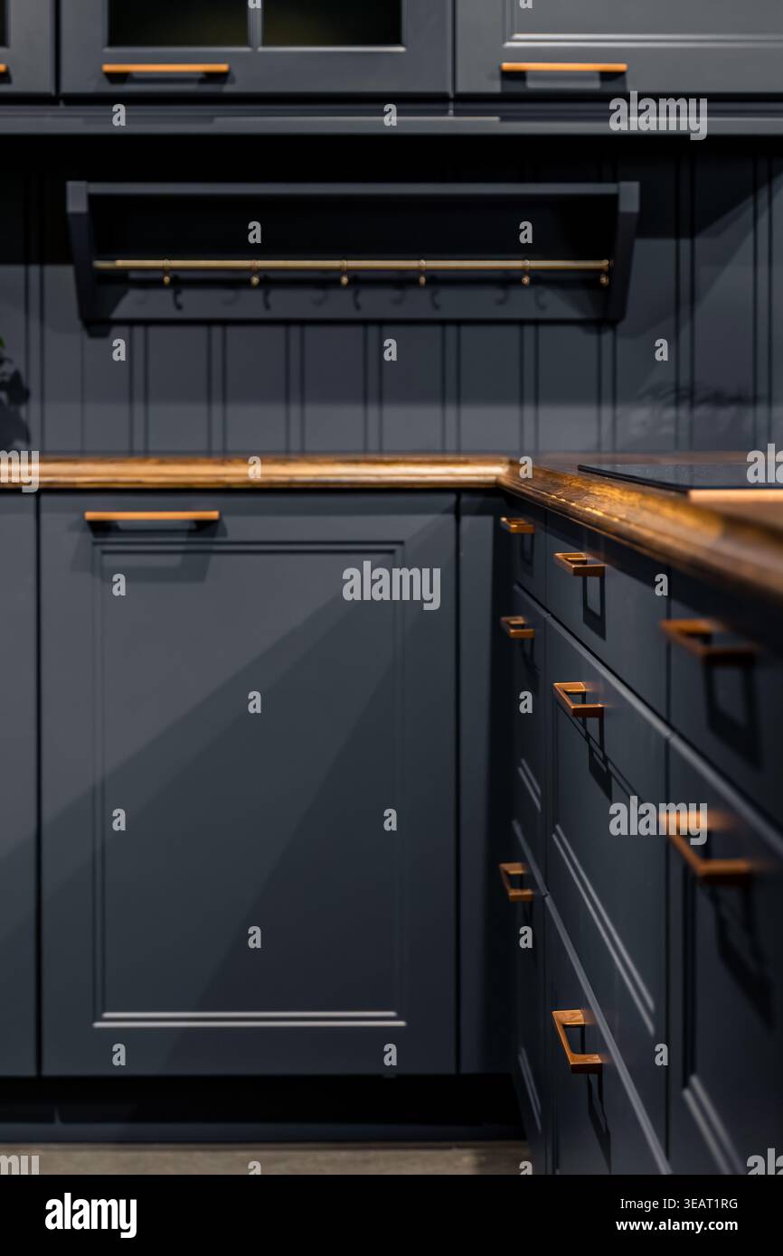 Interno della cucina di colore blu scuro. Arredamento moderno con accenti di rame e legno. Foto Stock