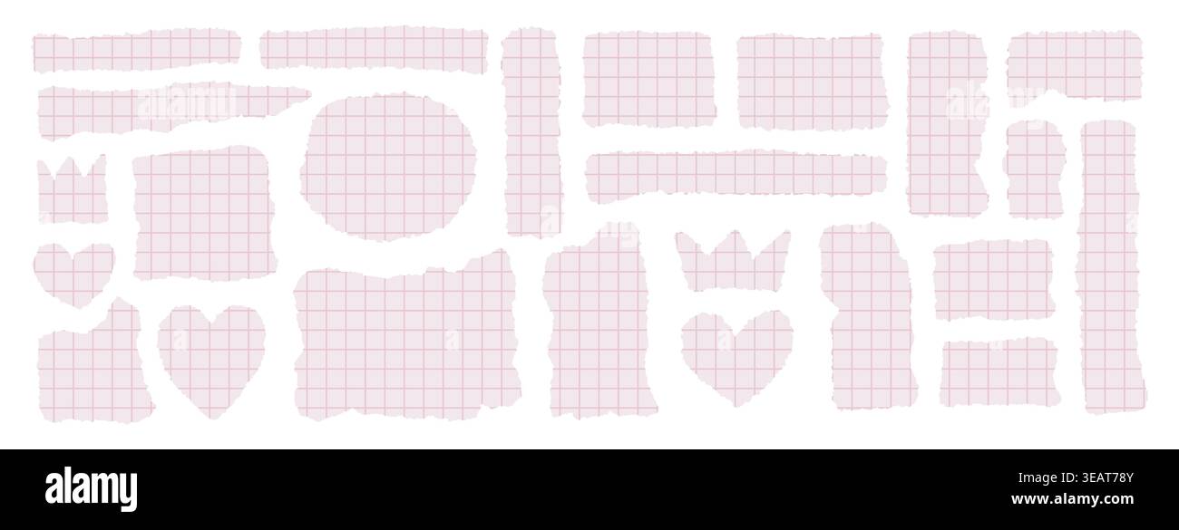 Frammenti di carta rosa per notebook con griglia morbida, bordi ruvidi e ombre realistiche. Grazioso set di scarti di cancelleria pastello, elementi collage isolati sul bianco, perfetto per lo scrapbooking Illustrazione Vettoriale