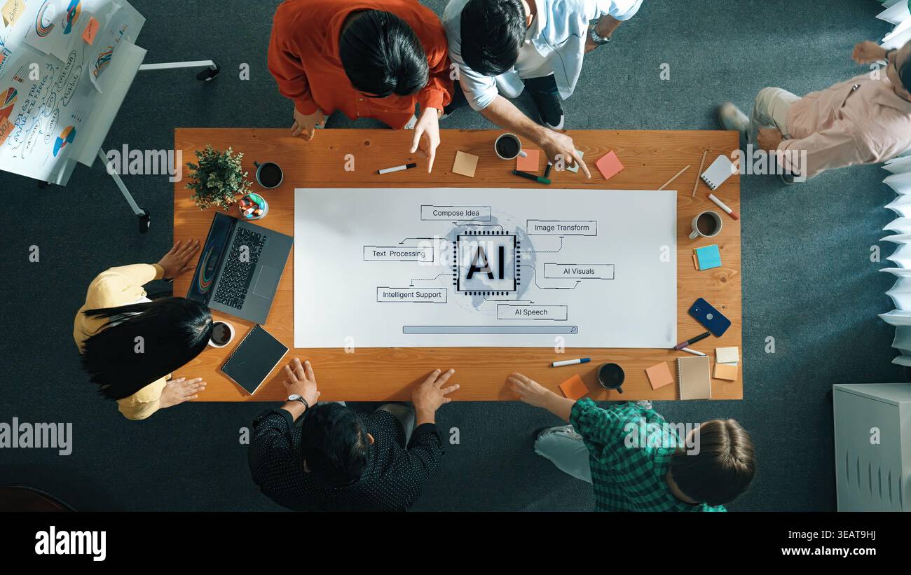 Mappa delle capacità di intelligenza artificiale che mostra l'elaborazione del testo, la voce, la trasformazione visiva e il supporto intelligente in un unico sistema. Corpo Foto Stock