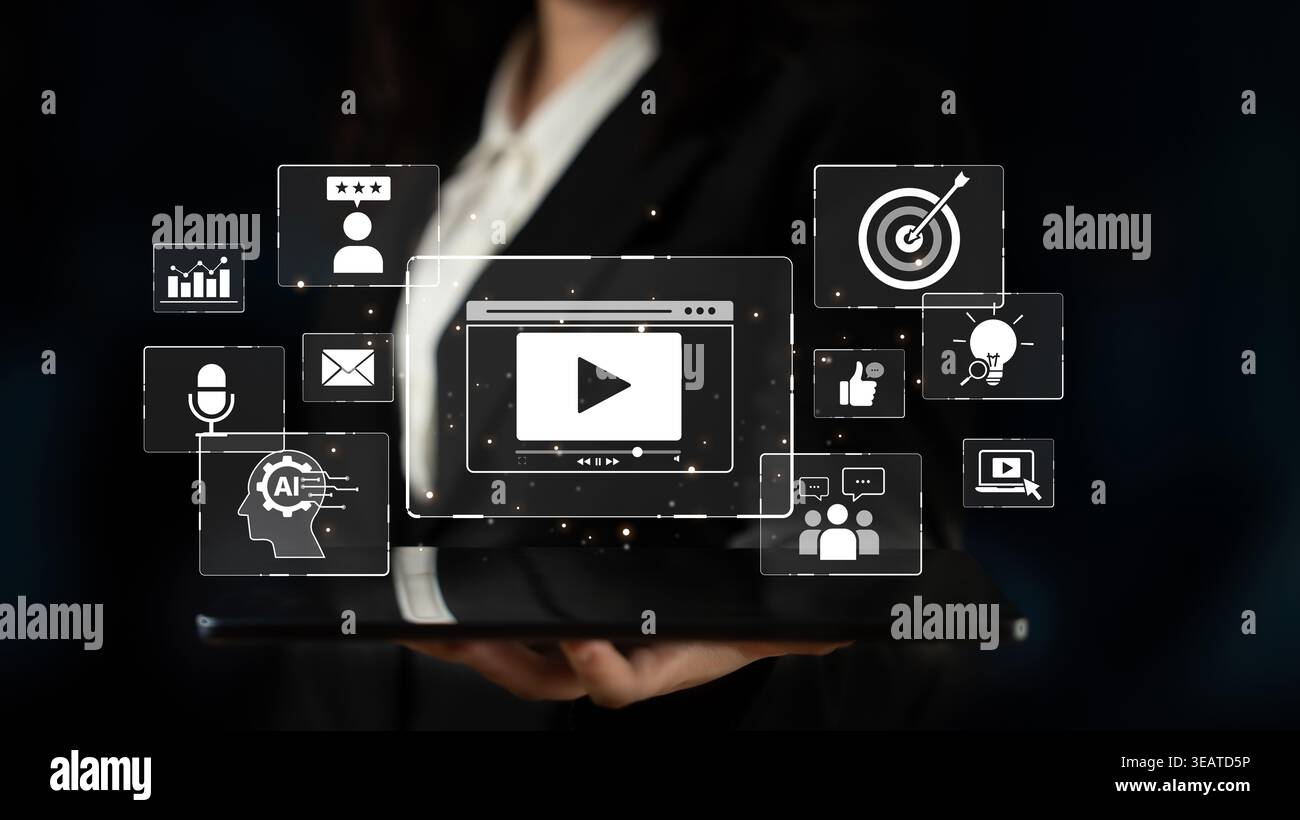 Il video marketing aiuta le aziende a coinvolgere il pubblico con strumenti di video marketing, strategie di video marketing, tendenze di video marketing e successo. Spline Foto Stock