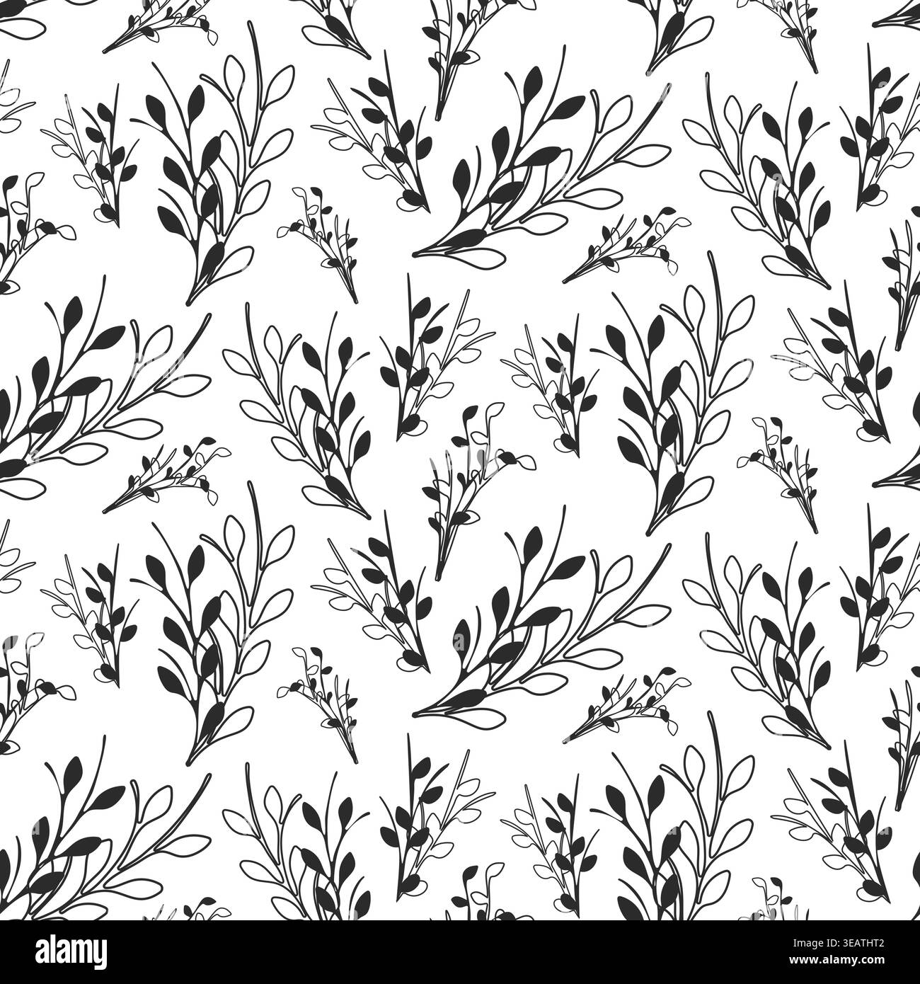 Il motivo bianco e nero senza cuciture mostra motivi ricorrenti di rami frondosi. Il design si alterna tra foglie nere solide e foglie delineate, fornendo un'estetica botanica pulita ed elegante. Illustrazione Vettoriale