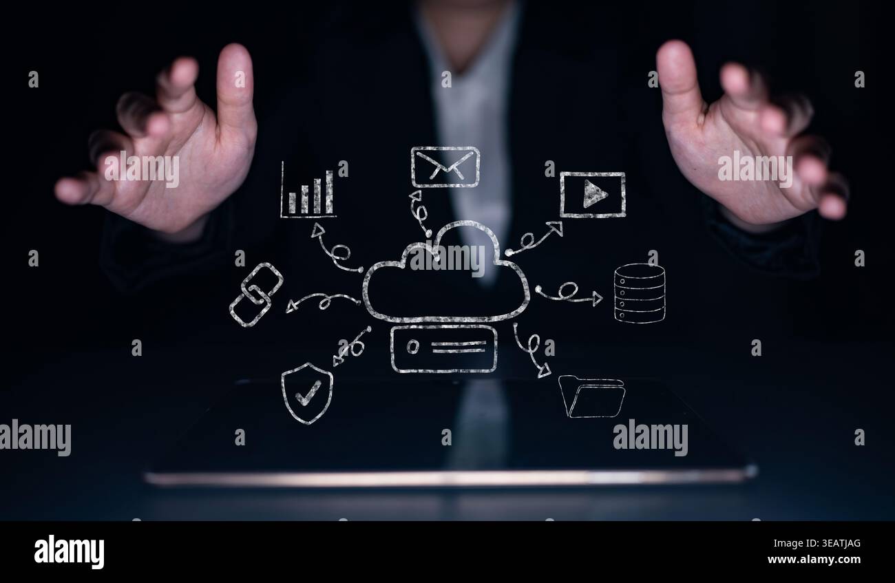 Una scarpa disegnata a mano di un ecosistema di servizi di cloud computing. Uno schizzo creativo di una rete per l'archiviazione dei dati, la condivisione e le applicazioni online. Motivo Foto Stock