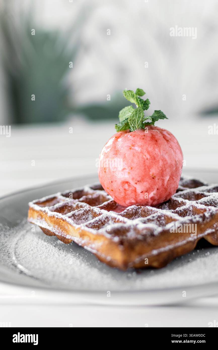 waffle francesi gaufre con dessert con gelato alle fragole sul tavolo bianco del caffè all'aperto Foto Stock
