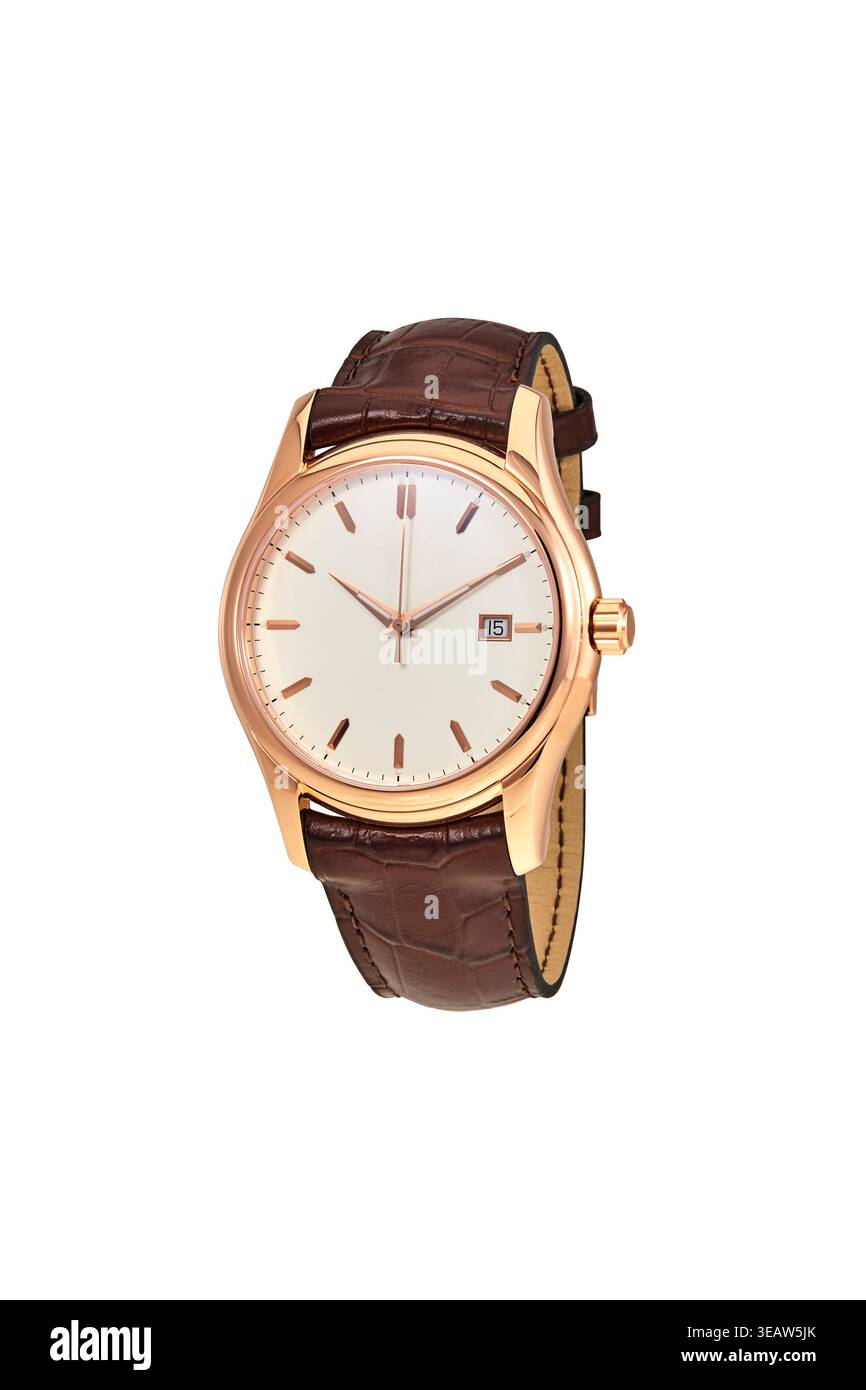 Orologio da polso angolato in oro rosa con quadrante chiaro e cinturino marrone in pelle isolato su sfondo bianco Foto Stock
