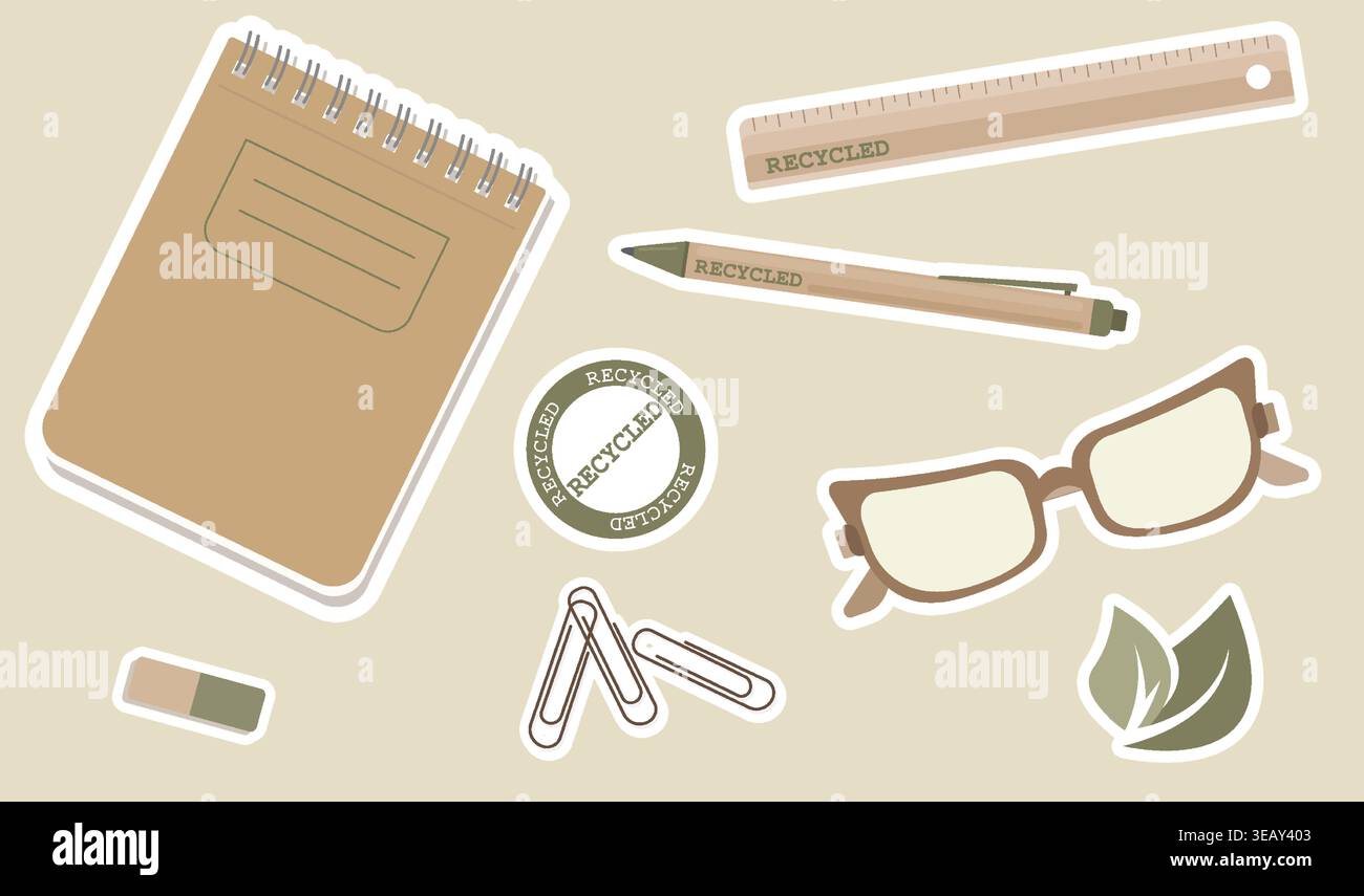 Set di adesivi Digital Planner adesivi ecologici Vector con bordo bianco per Goodnotes icone minimaliste Kraft Paper School per journaling Illustrazione Vettoriale