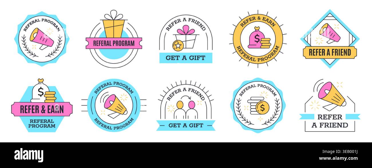 Segnala a un amico un set di badge colorati con megafono. Adesivi del programma di segnalazione dei dipendenti con icone di altoparlanti e monete. Marketing design etichette per rete aziendale, pubblicità promozionale Illustrazione Vettoriale