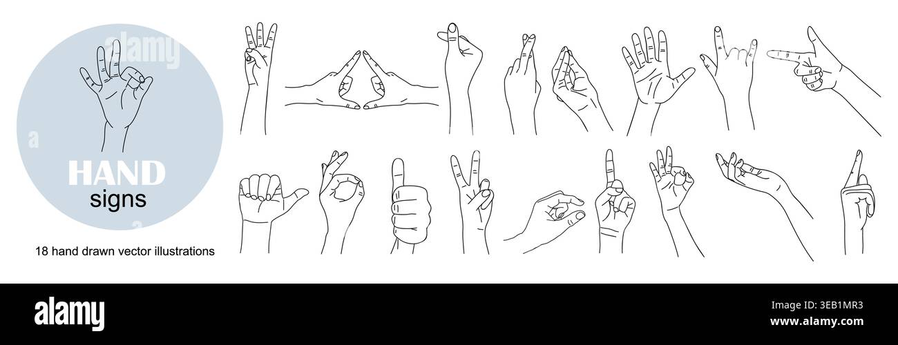 Segni e gesti delle mani in linea con lo stile artistico Illustrazione Vettoriale