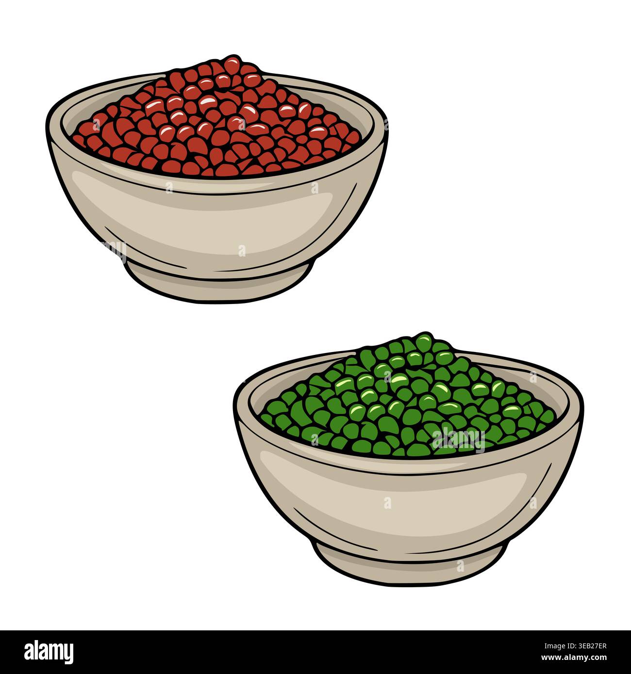 Due ciotole di fagioli colorati, illustrazione vettoriale di ingredienti alimentari sani Illustrazione Vettoriale