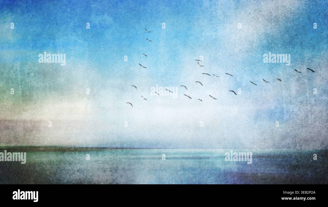 mare, pittura ad acquerello, sciame di uccelli, mari Foto Stock