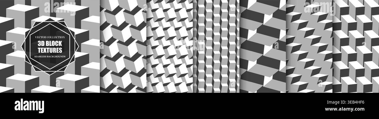 Raccolta di modelli astratti geometrici 3d univoci e monocromatici vettoriali. Sfondi di cubi ripetibili con struttura moderna isometrica. Blocchi decorativi Illustrazione Vettoriale
