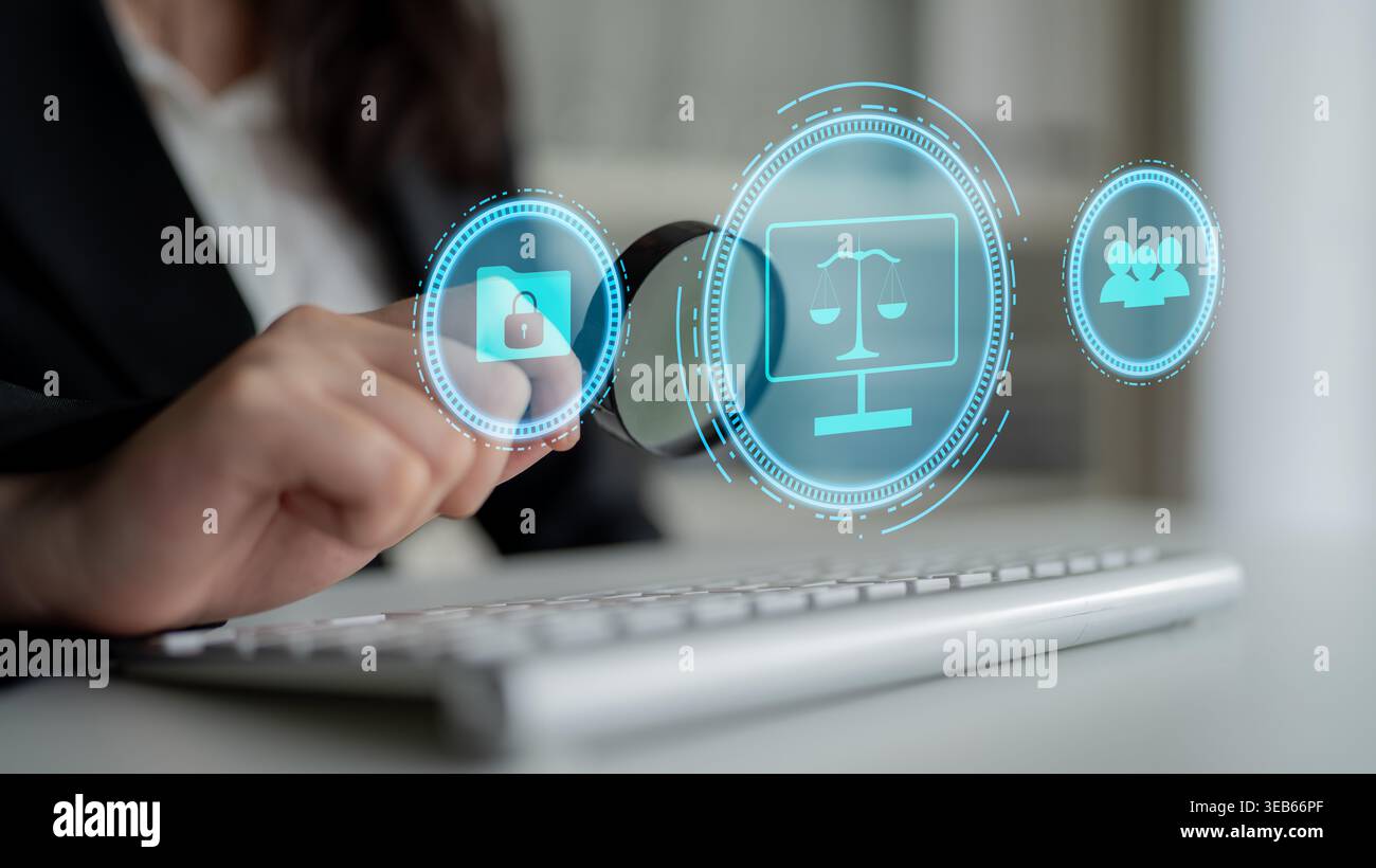 Protezione della privacy dei dati e normativa in materia di cyber law. Un concetto di giustizia digitale, diritti degli utenti e policy di sicurezza per la protezione delle informazioni online Foto Stock