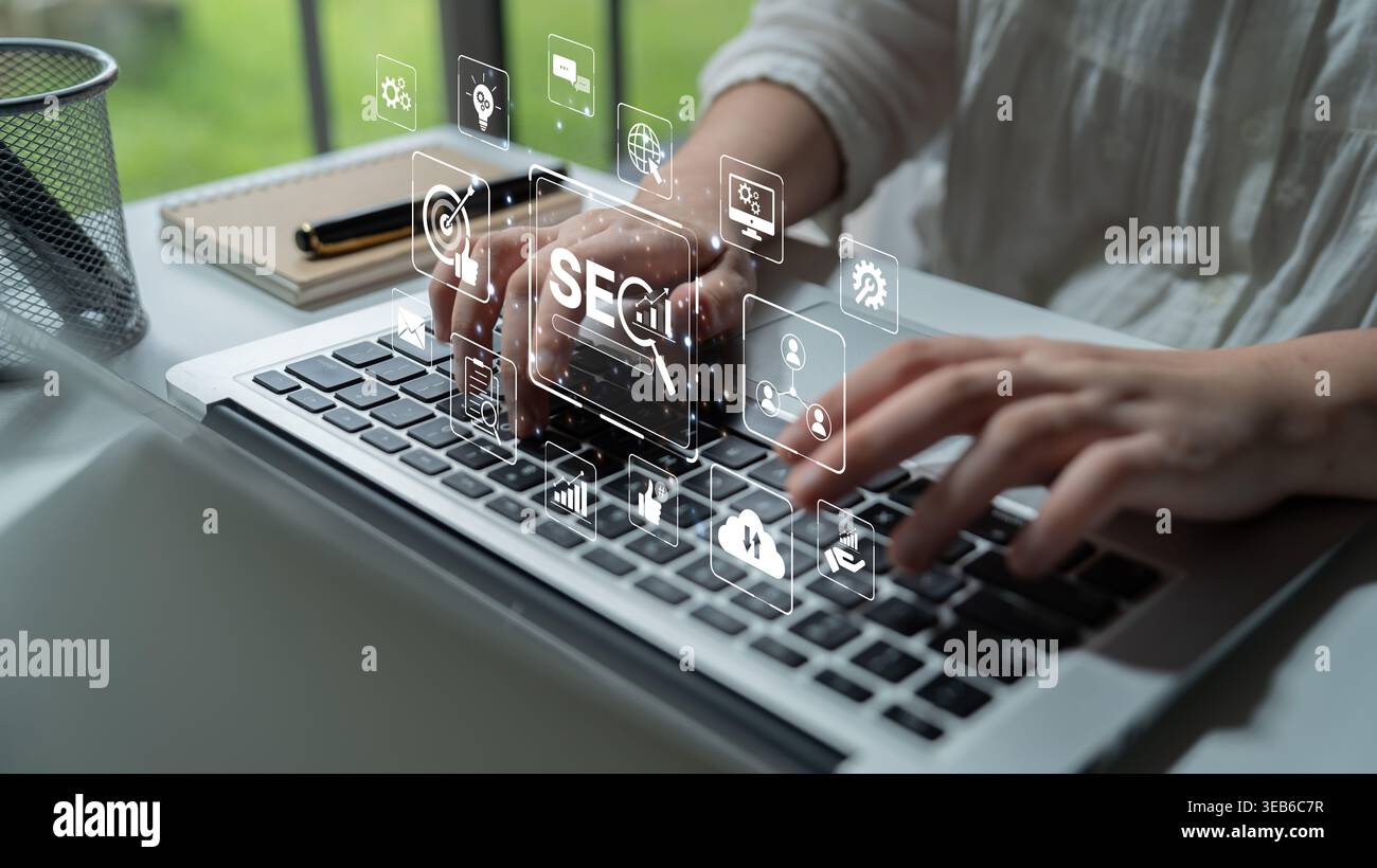 SEO Concept per migliorare la visibilità SEO, con strumenti digitali correlati alla SEO e icone delle prestazioni SEO mostrate in un layout mirato per il marketing strategico Foto Stock