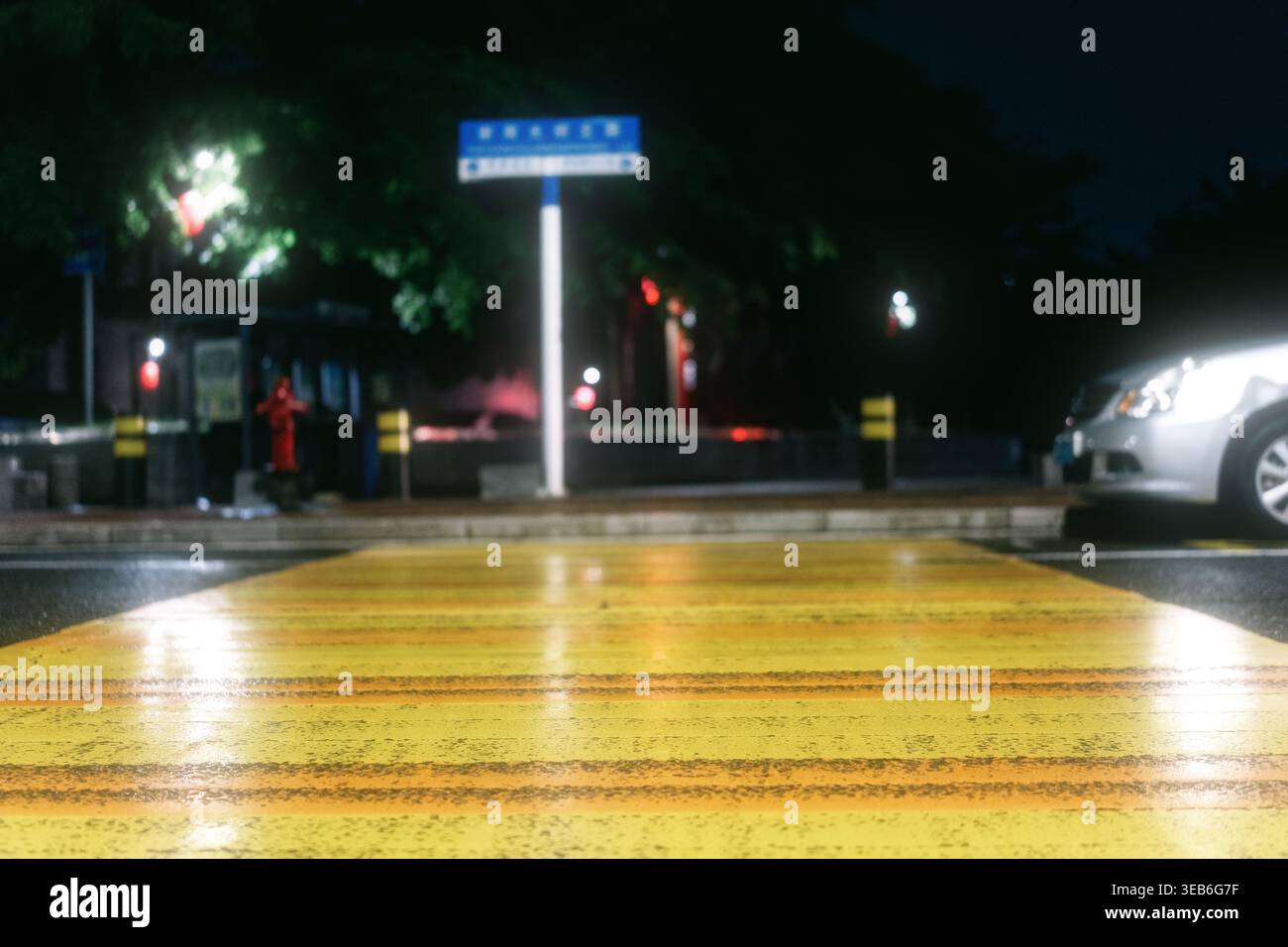 Strada urbana notturna con attraversamento giallo bagnato, segnaletica stradale illuminata e vista parziale dell'auto Foto Stock
