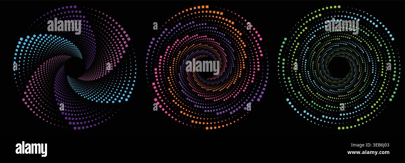 Set di tre modelli di vortice circolari astratti mezzitoni con gradienti multicolori, vortice geometrico a spirale e elementi di design radiali su fondo nero Illustrazione Vettoriale