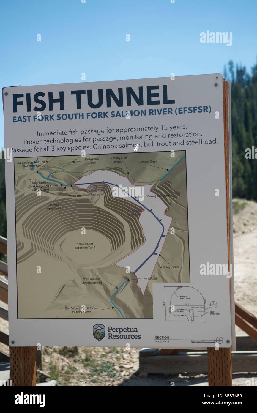 Perpetua Resources Stibnite Mine segno interpretativo che pubblicizza il futuro passaggio del pesce Foto Stock