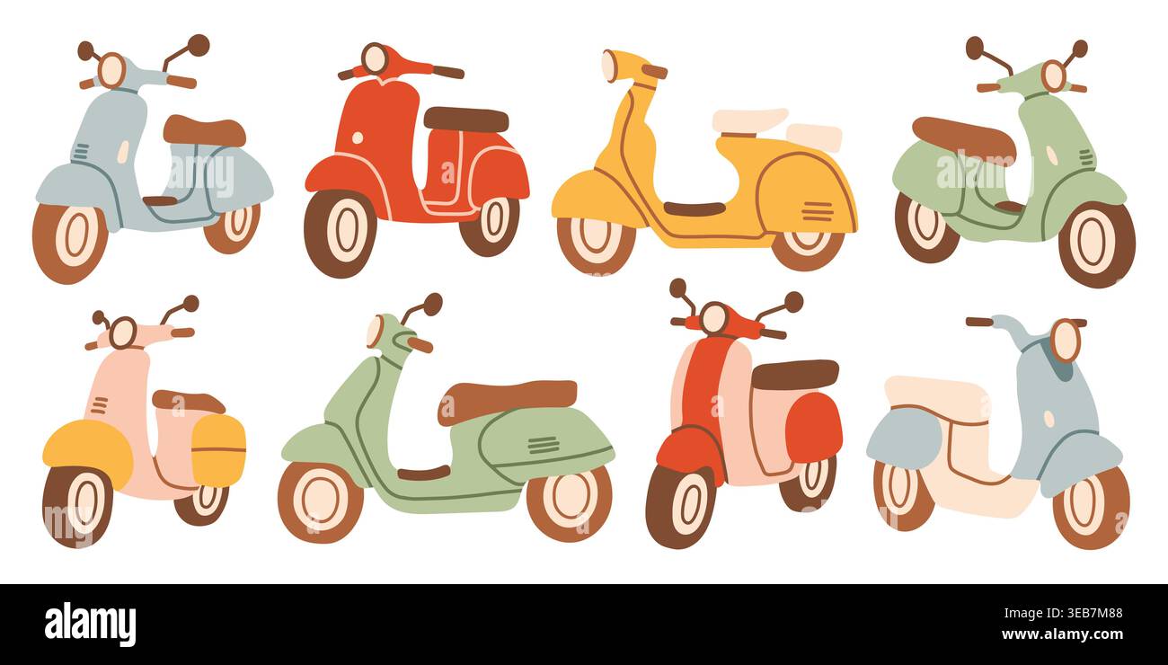 Collezione vettoriale di scooter e ciclomotori d'epoca in colori pastello. Elegante set da trasporto in stile italiano in grazioso stile doodle disegnato a mano per la città Illustrazione Vettoriale