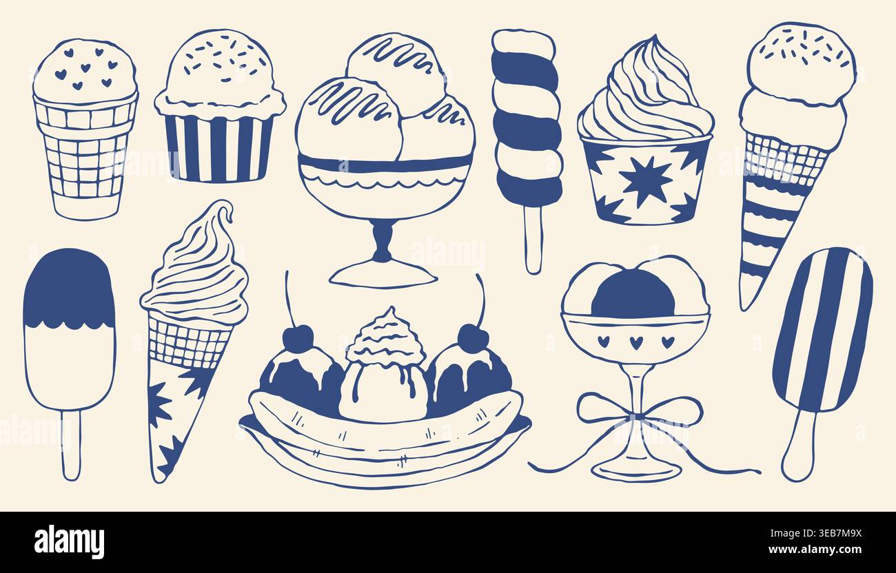 Gelato vettoriale disegnato a mano in stile blu mediterraneo. Raccolta di palline per gelato, coni, papaveri, banana split e sundae. Minimalista Illustrazione Vettoriale