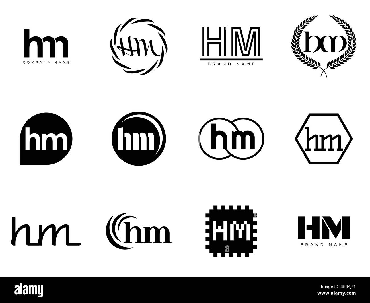Modello aziendale del logo HM. Logotipo lettera h e m. Imposta diverse lettere serif classiche e testo moderno in grassetto con elementi di design. Tipog font iniziale Illustrazione Vettoriale