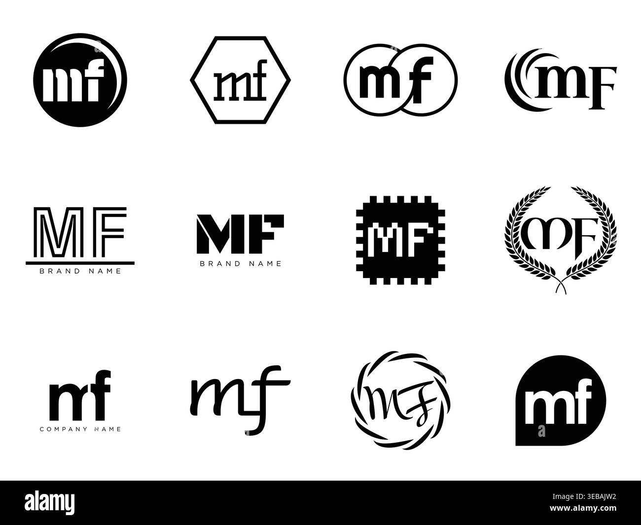 Modello aziendale del logo MF. Logotipo lettera m e F. Imposta diverse lettere serif classiche e testo moderno in grassetto con elementi di design. Tipog font iniziale Illustrazione Vettoriale