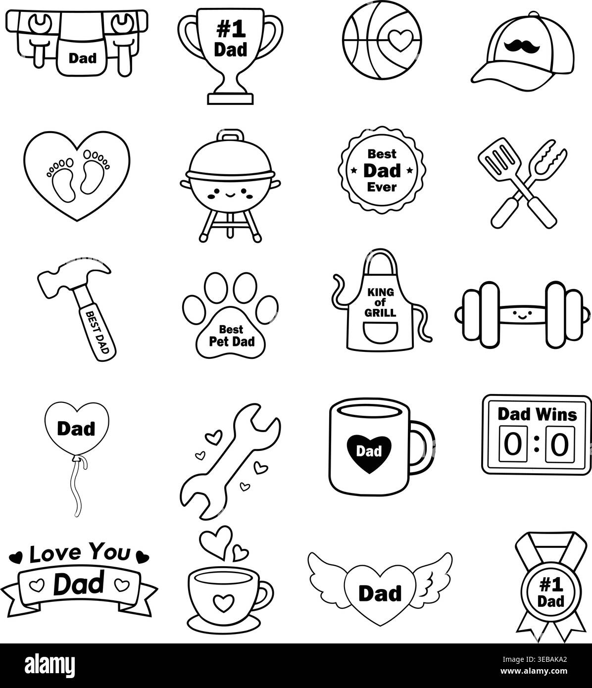Questo è un set giocoso di adesivi e emblemi vintage per la festa del papà. Include una varietà di semplici icone di linea nera con piccole evidenziazioni Illustrazione Vettoriale