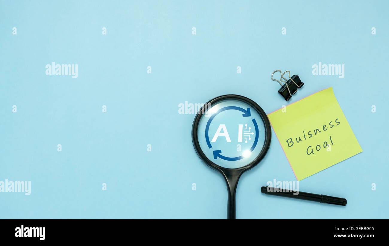 Obiettivo aziendale e concetto di strategia DELL'INTELLIGENZA ARTIFICIALE con lente d'ingrandimento, blocchi di legno e icone target. Foto Stock