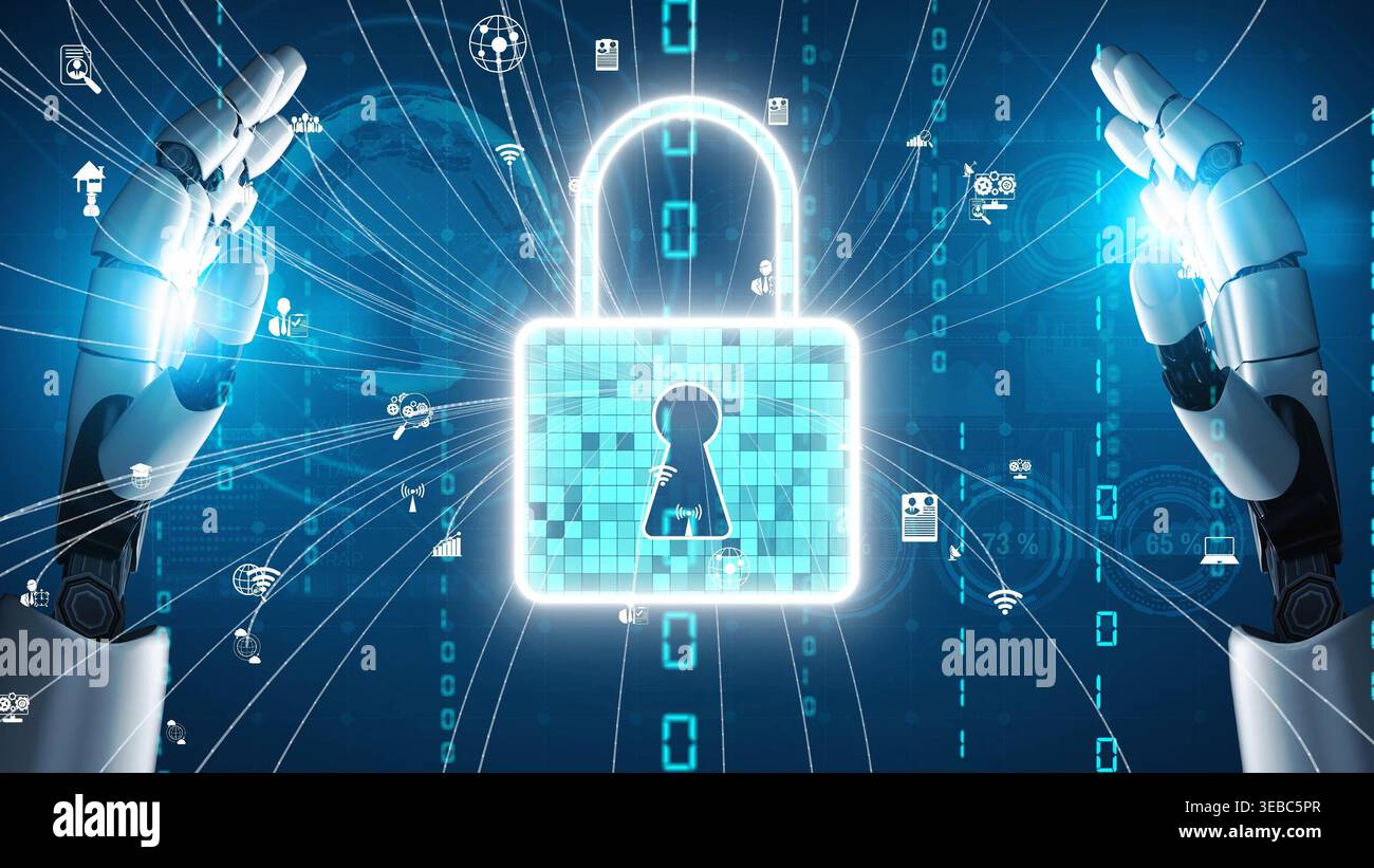 Una rappresentazione visivamente sorprendente di una serratura digitale protetta da armi robotiche futuristiche, che simboleggia le misure avanzate di sicurezza informatica in un Foto Stock
