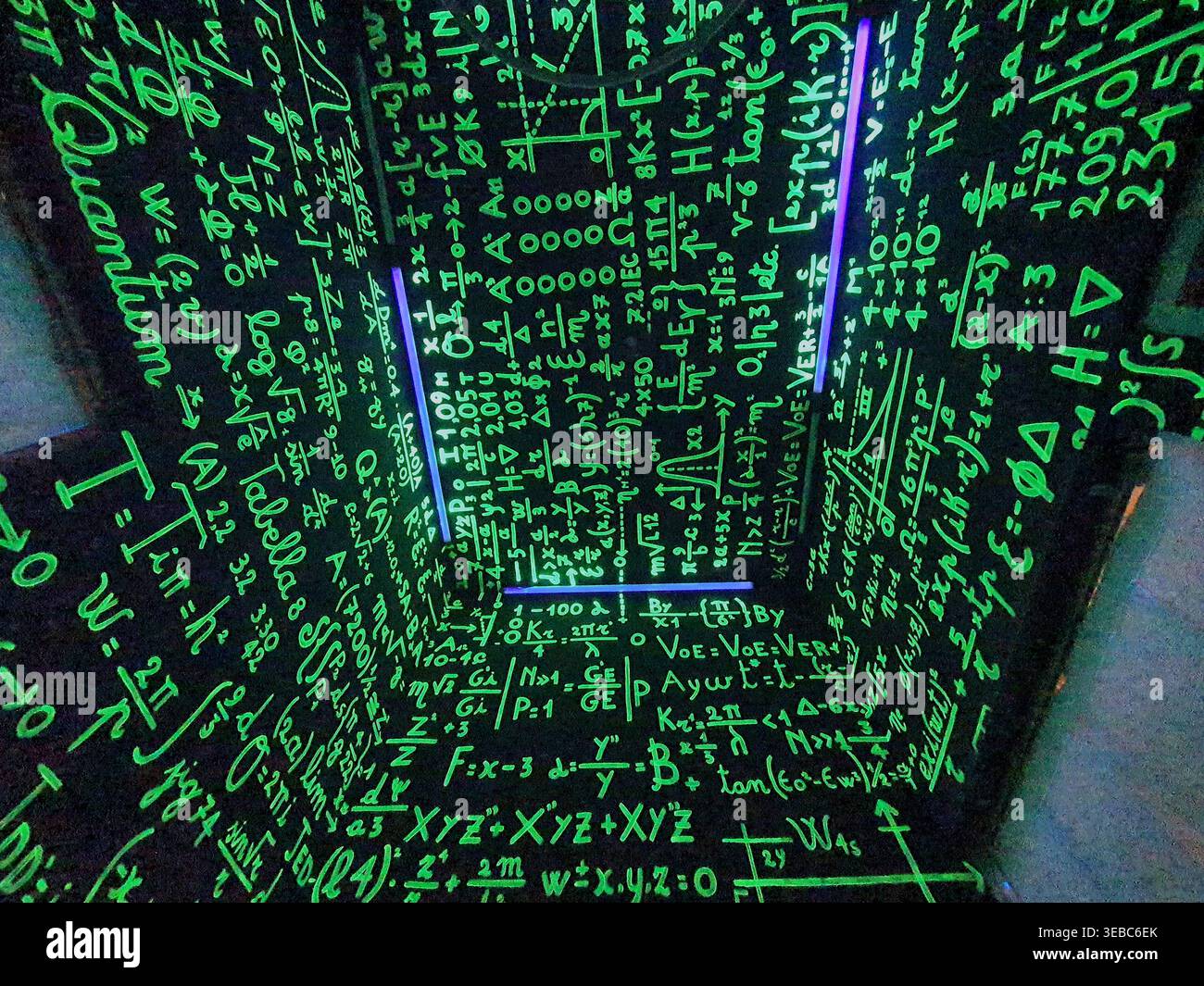 Una vista ravvicinata di un soffitto e pareti ricoperti di formule matematiche, equazioni e notazioni scientifiche verdi luminose, illuminate sotto Foto Stock
