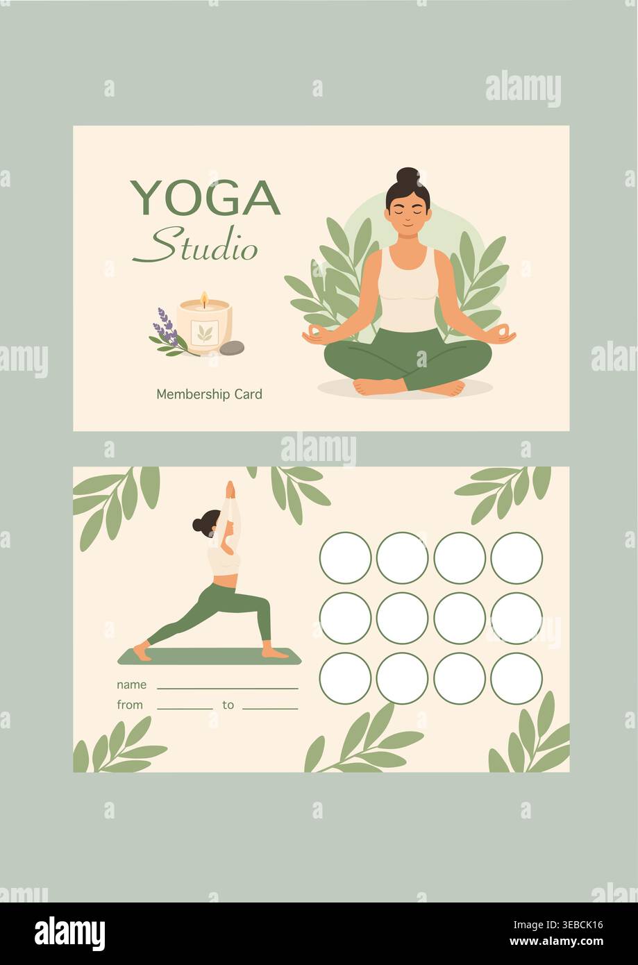 Modello di tessera di iscrizione Yoga Studio con illustrazioni organiche Illustrazione Vettoriale