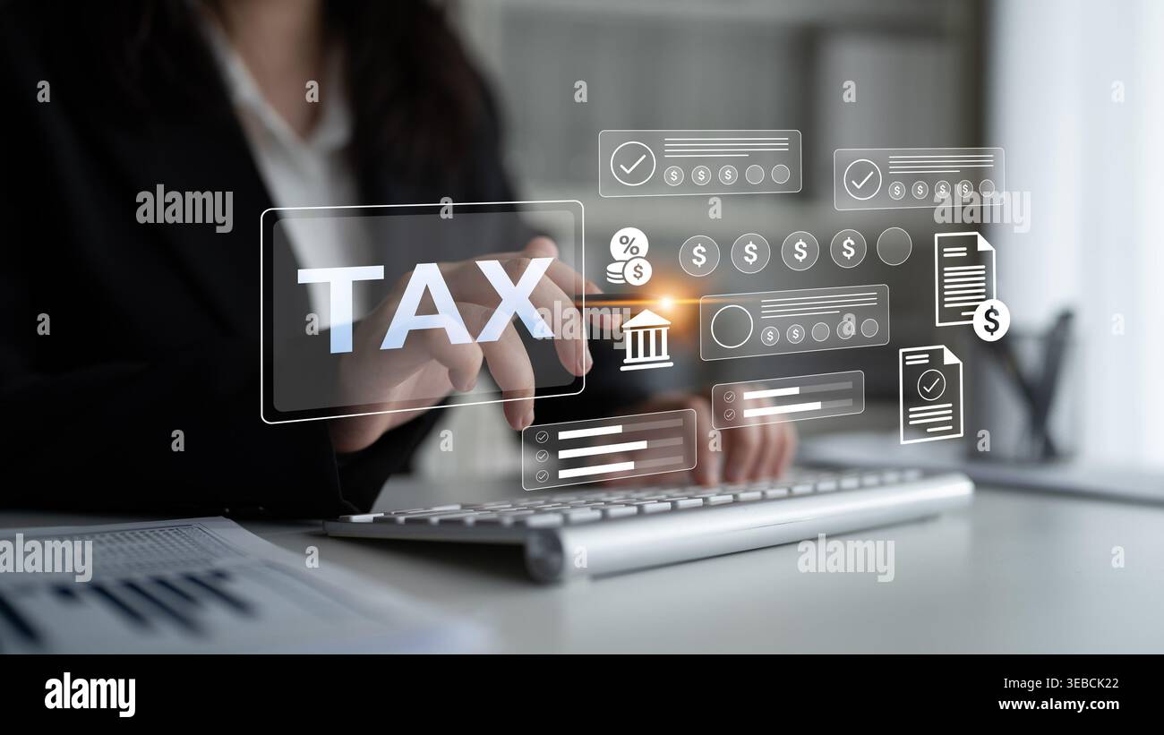 Concetto di pagamento digitale delle imposte con icone finanziarie ed elementi grafici che illustrano i processi fiscali e i documenti elettronici in un ambiente ufficio moderno Foto Stock