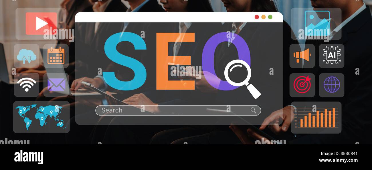 Un'illustrazione vivace che mette in evidenza i principi SEO con figure di spicco e professionisti aziendali, che mostra strumenti e strategie digitali in una Foto Stock