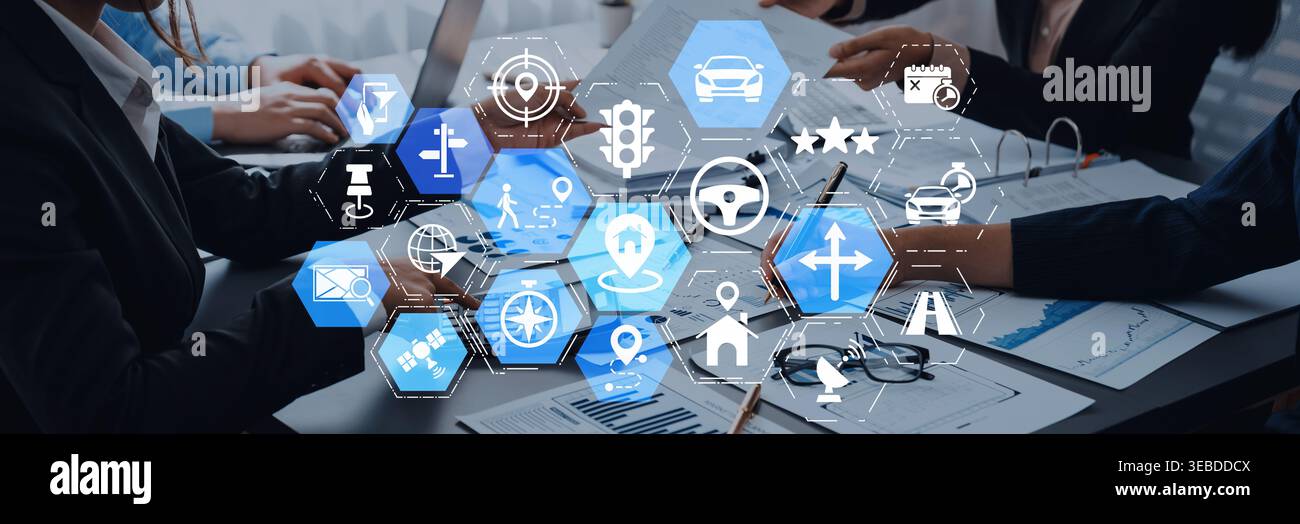 Le icone GPS mostrano la navigazione, il tracciamento GPS e la posizione. Il GPS supporta mappe in tempo reale, indicazioni e servizi di navigazione GPS per la mobilità e il trasporto Foto Stock