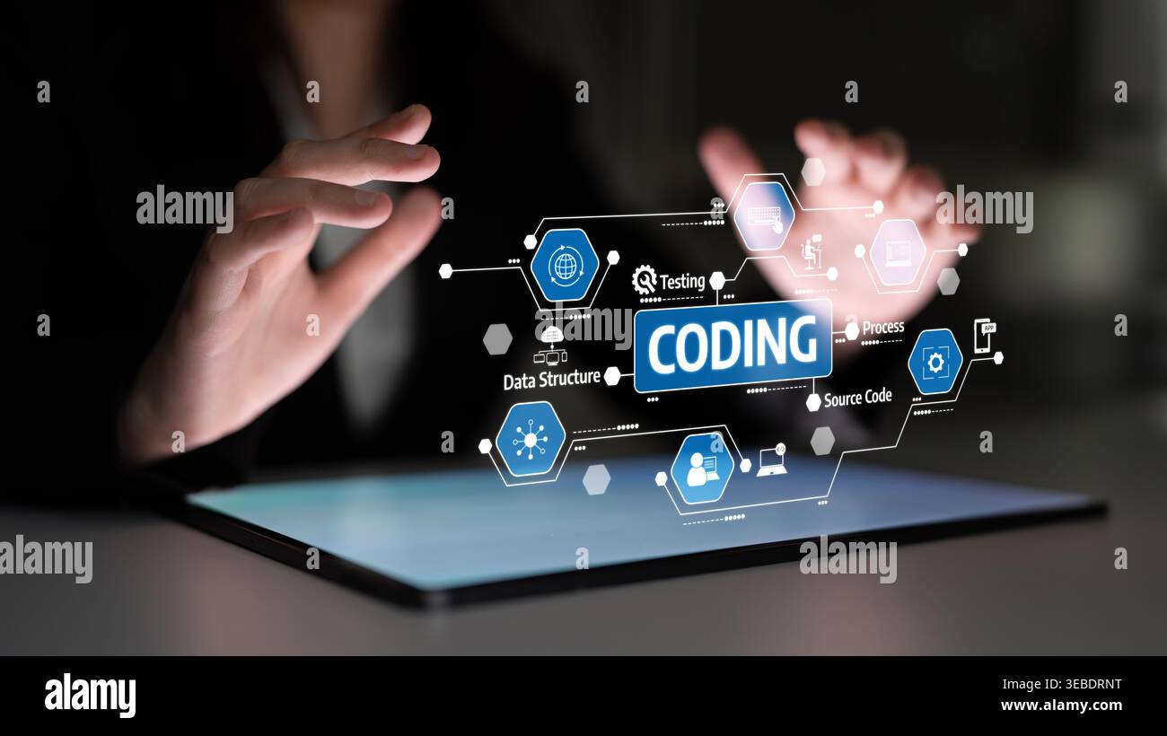 Una rappresentazione accattivante dei concetti di codifica con grafica digitale e mani che interagiscono con un'interfaccia touchscreen per illustrare il software Foto Stock