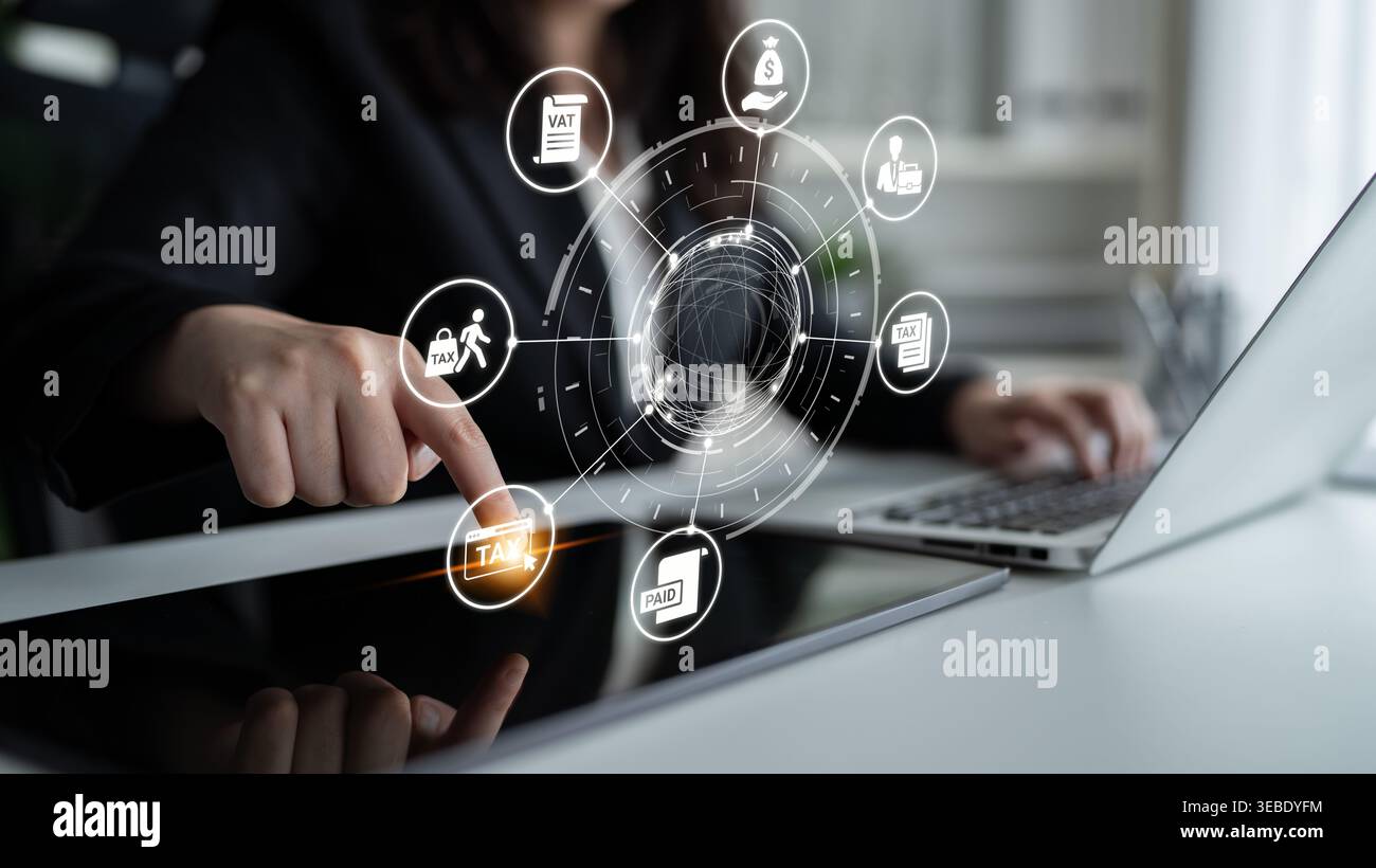 Il concetto di gestione fiscale e finanziaria garantisce la conformità. Questo sistema snellisce i processi fiscali, migliorando la gestione finanziaria per i singoli individui e. Foto Stock