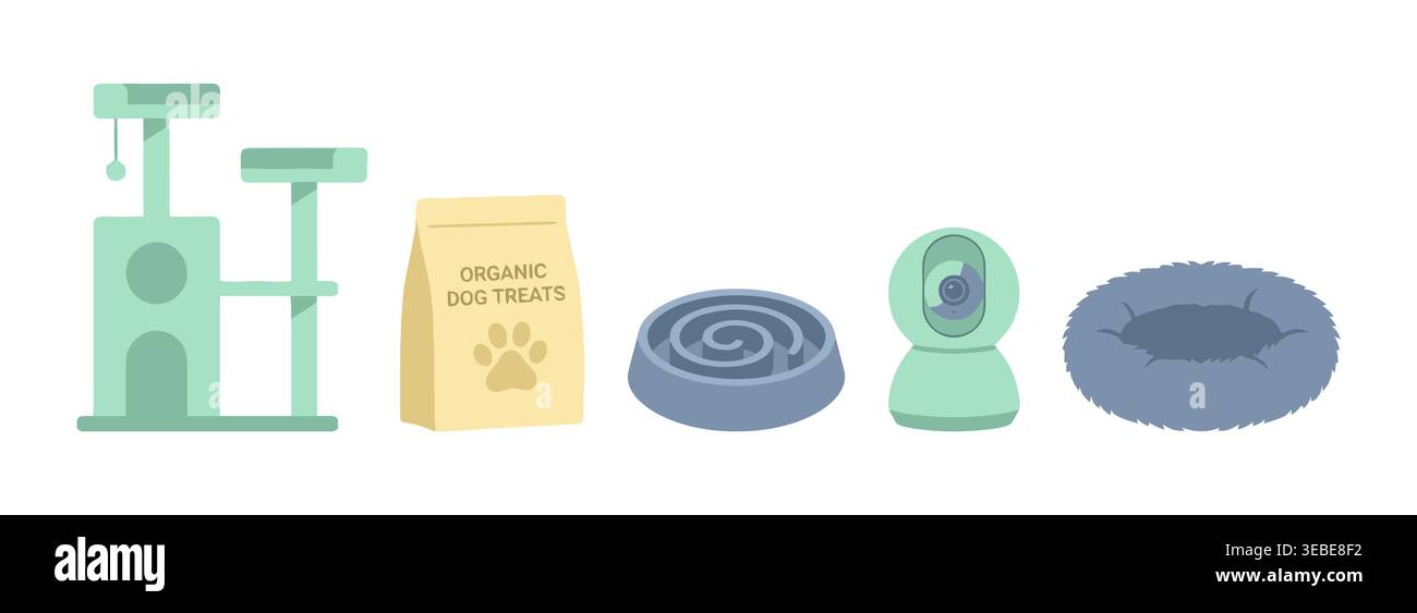 Illustrazione vettoriale piatta degli indispensabili moderni per cani e gatti. Dispone di un gatto albero, dolcetti organici per cani, recipiente di alimentazione lento e telecamera per animali domestici. Illustrazione Vettoriale