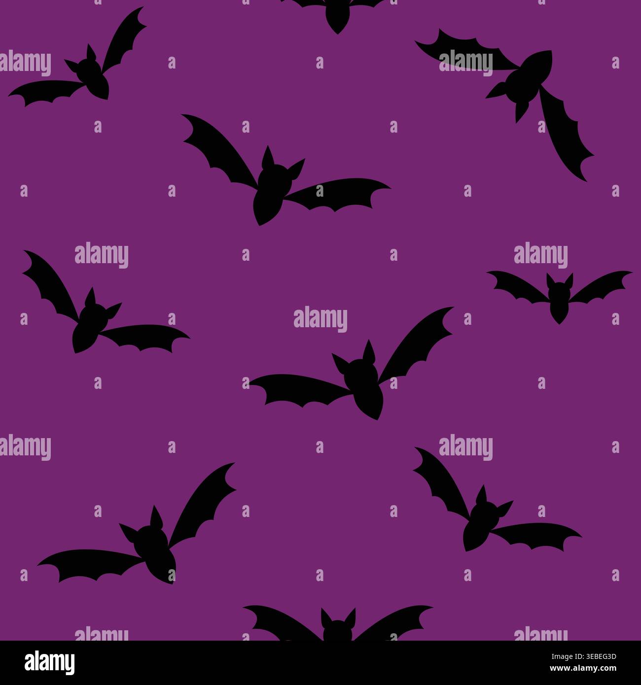 Fantasia Halloween senza cuciture con silhouette di mazza volanti nere su sfondo viola. Perfetto per tessuti, carta da parati, carta da imballaggio e spettrale stagione Illustrazione Vettoriale