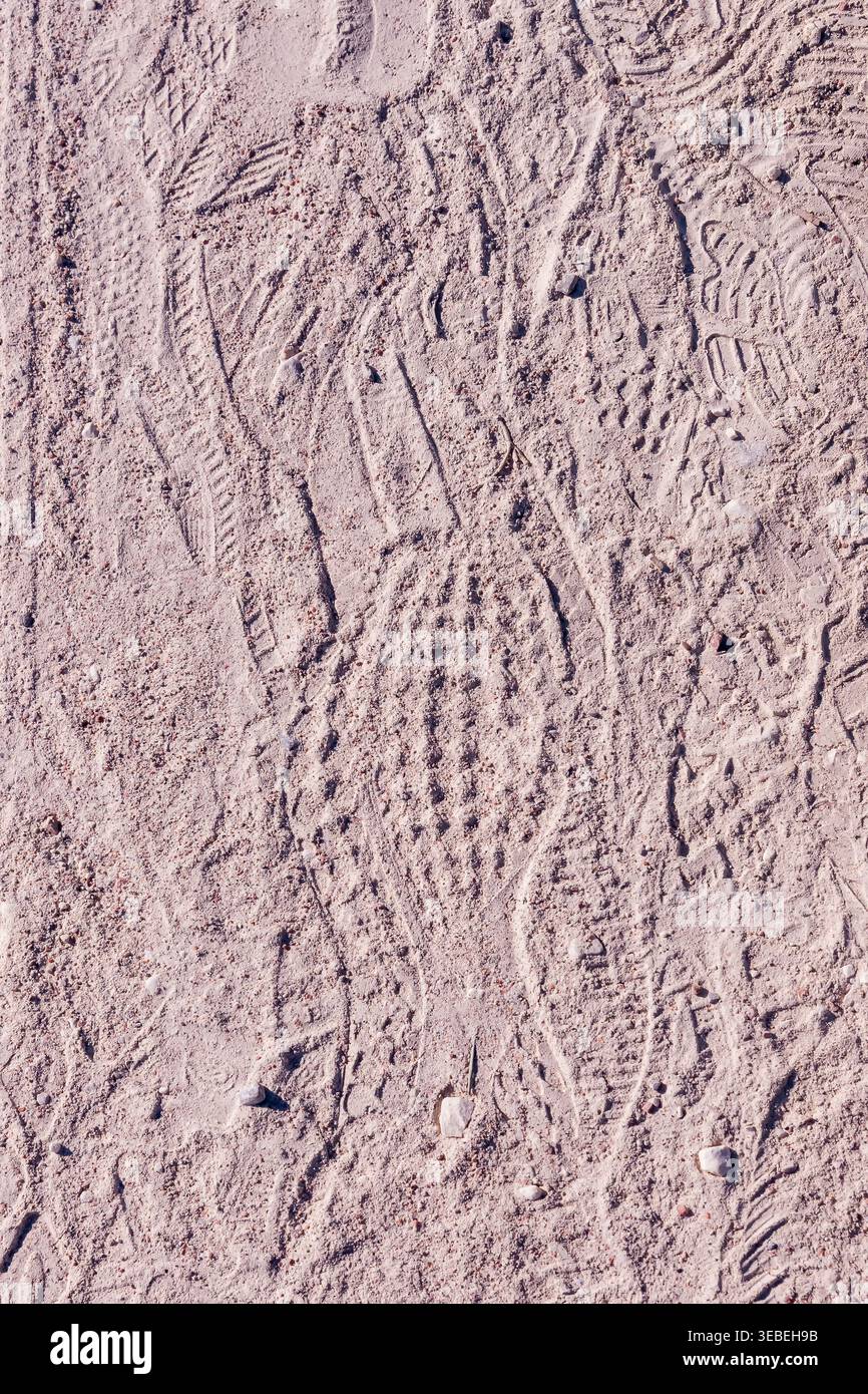 Le impronte di vari tipi di scarpe da corsa rimangono impresse sulla superficie di una strada sterrata Foto Stock