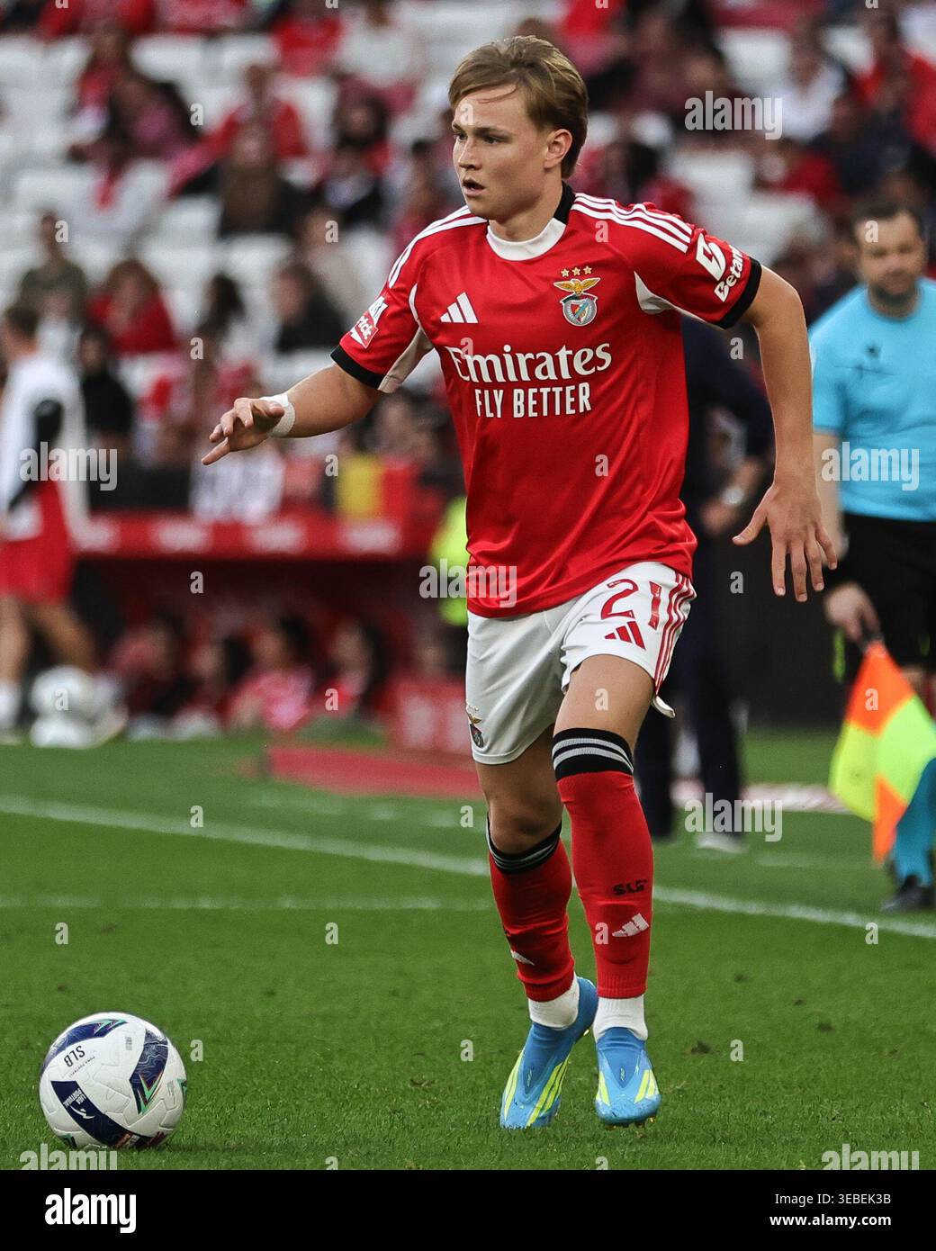 Lisbona, Portogallo. 25 aprile 2026. Andreas Schjelderup della SL Benfica durante la partita Betclic della Liga Portugal tra SL Benfica e Moreirense FC giocata allo Sport Lisboa e Benfica Stadium il 25 aprile 2026 a Lisbona, Portogallo. (Foto di Pedro Reis/PRESSINPHOTO) credito: PRESSINPHOTO SPORTS AGENCY/Alamy Live News Foto Stock