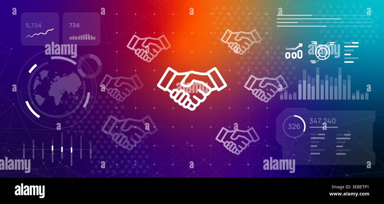 Concetto di partnership internazionale e accordo multilaterale con più icone di stretta di mano che circondano il simbolo dell'accordo centrale con i dati Illustrazione Vettoriale