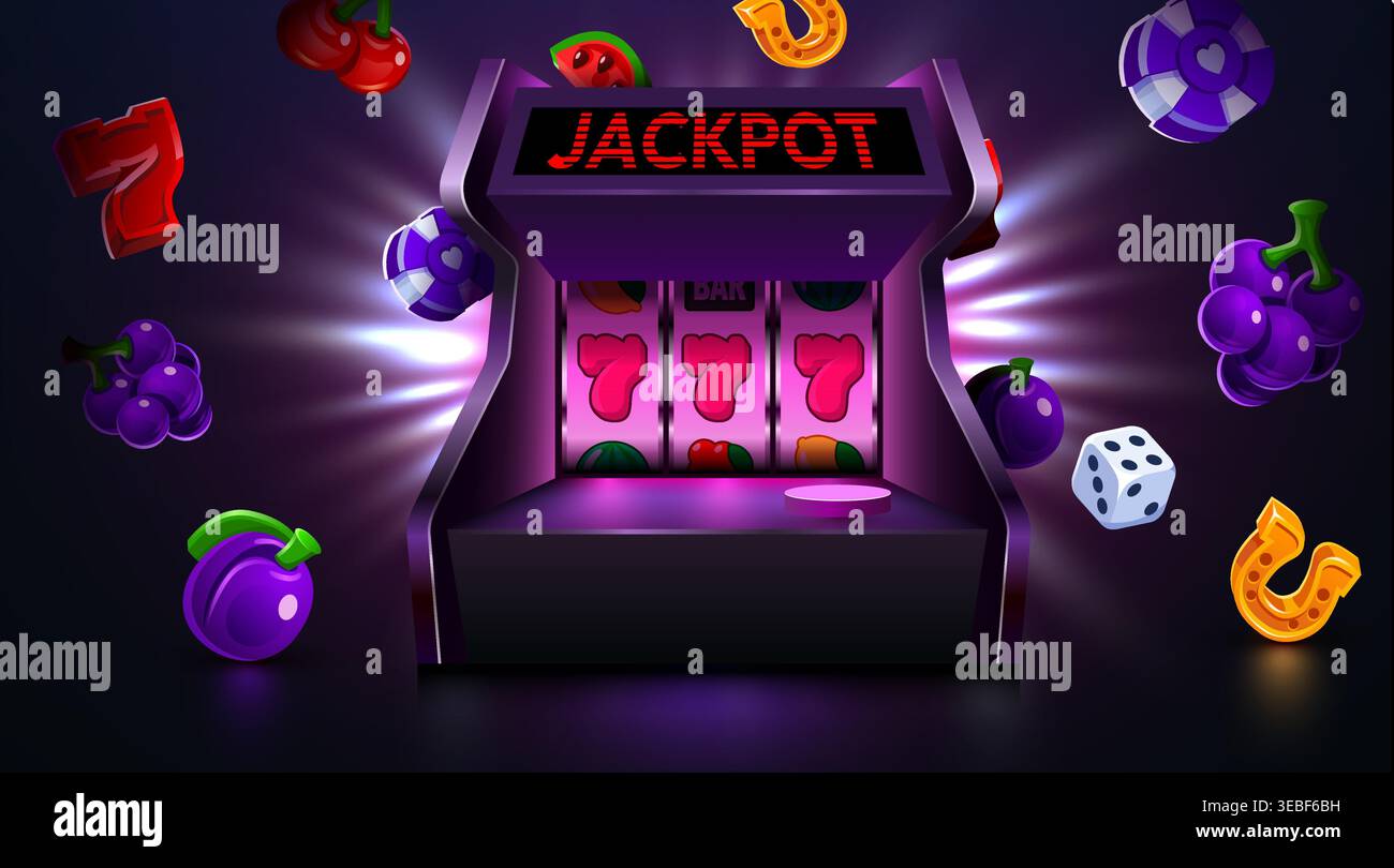 Slot machine casinò con jackpot e simboli cadenti. Concetto di gioco con Winning Seven e Fruit. Illustrazione vettoriale Illustrazione Vettoriale