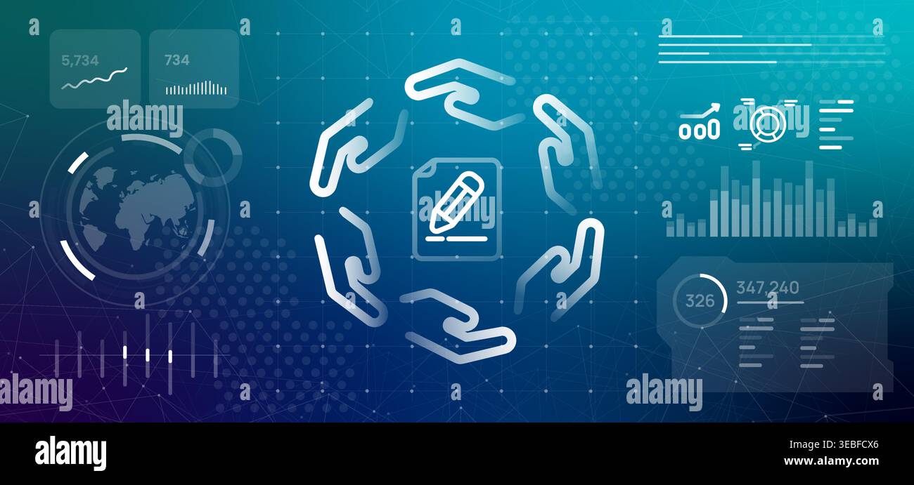 Multilateralismo trattato globale e concetto di contratto collettivo a più mani intorno a un'icona di documento firmata su un digitale high tech Illustrazione Vettoriale