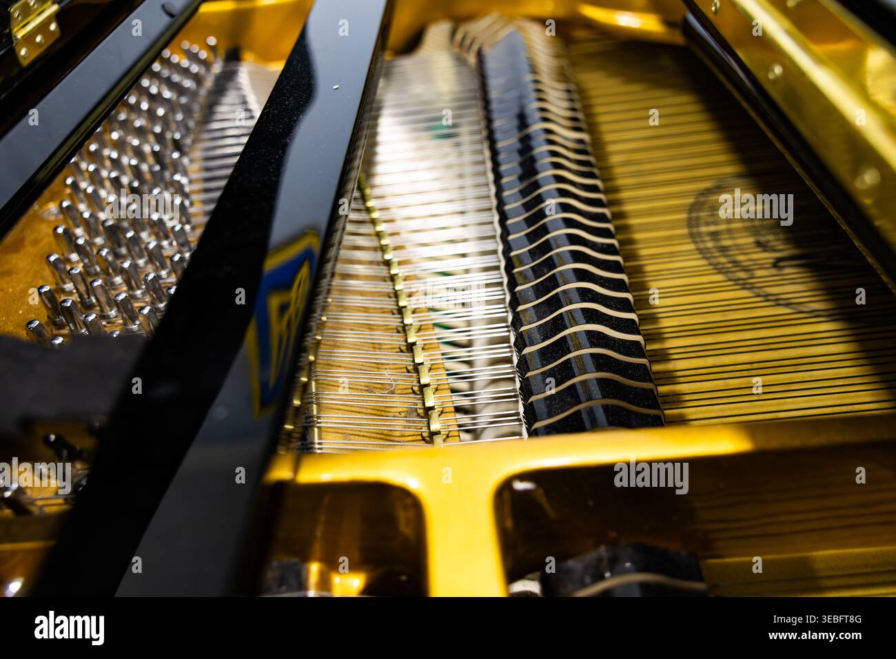 Vista macro delle corde per pianoforte e delle sintonie all'interno di un pianoforte a coda Foto Stock
