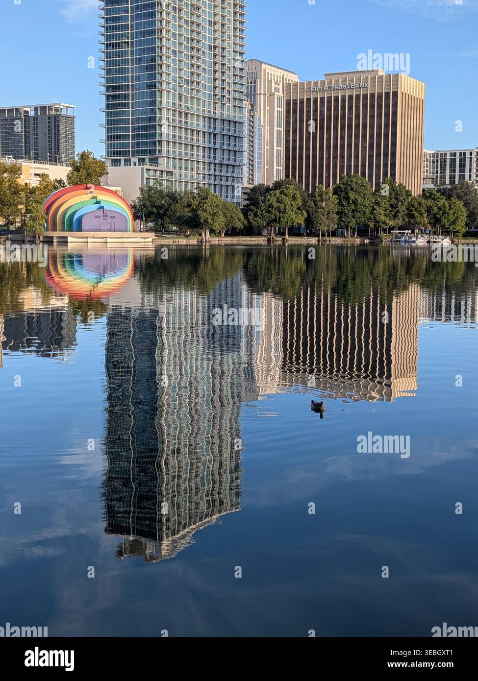 Un paesaggio urbano si vede attraverso un tranquillo lago, con moderni grattacieli che si riflettono sull'acqua. Un albero e un fogliame incorniciano splendidamente la vista. Foto Stock